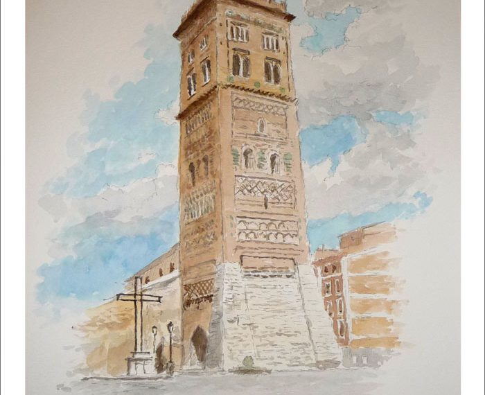 Acuarela de la Torre de San Martín en Teruel. Una acuarela pintada de esta magnífica construcción mudéjar.