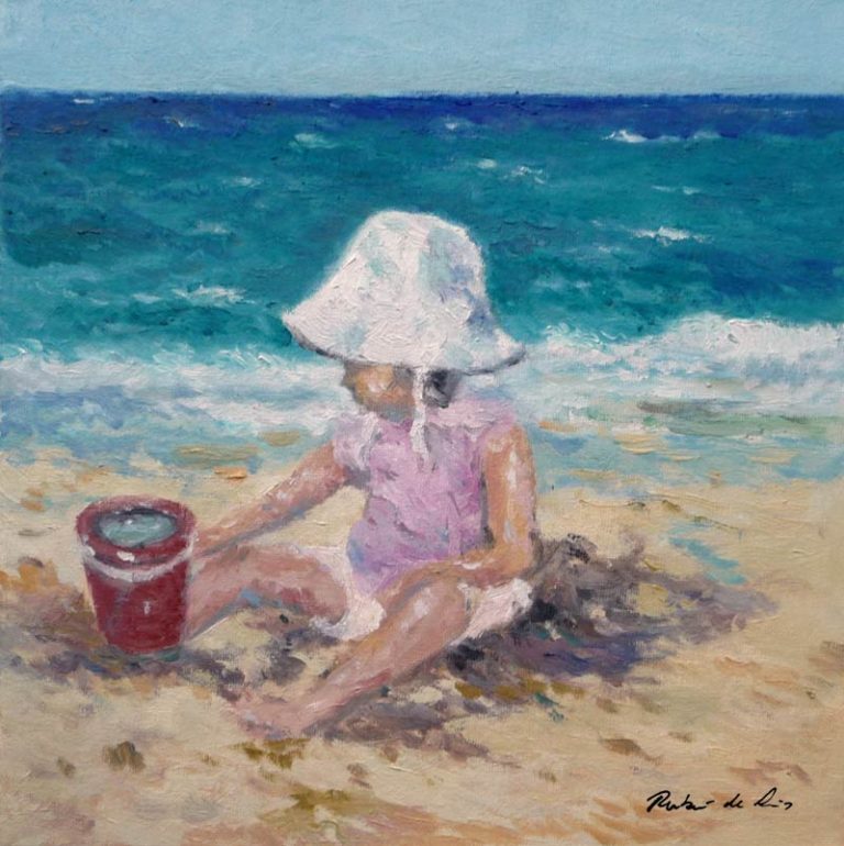 Cuadro al oleo de una niña jugando con un cubo en la playa. Un cuadro al oleo pintado por Rubén de Luis.