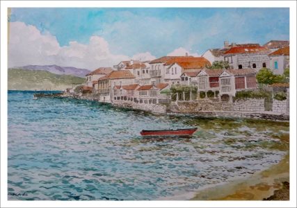 Acuarela de un paisaje de Combarro