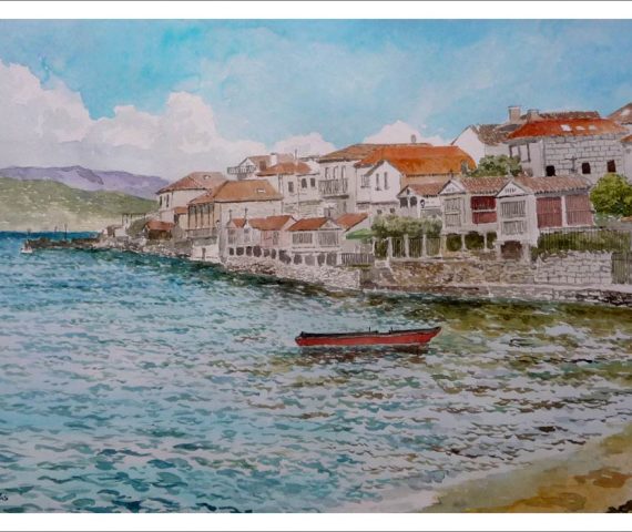 Acuarela de un paisaje de Combarro en Pontevedra