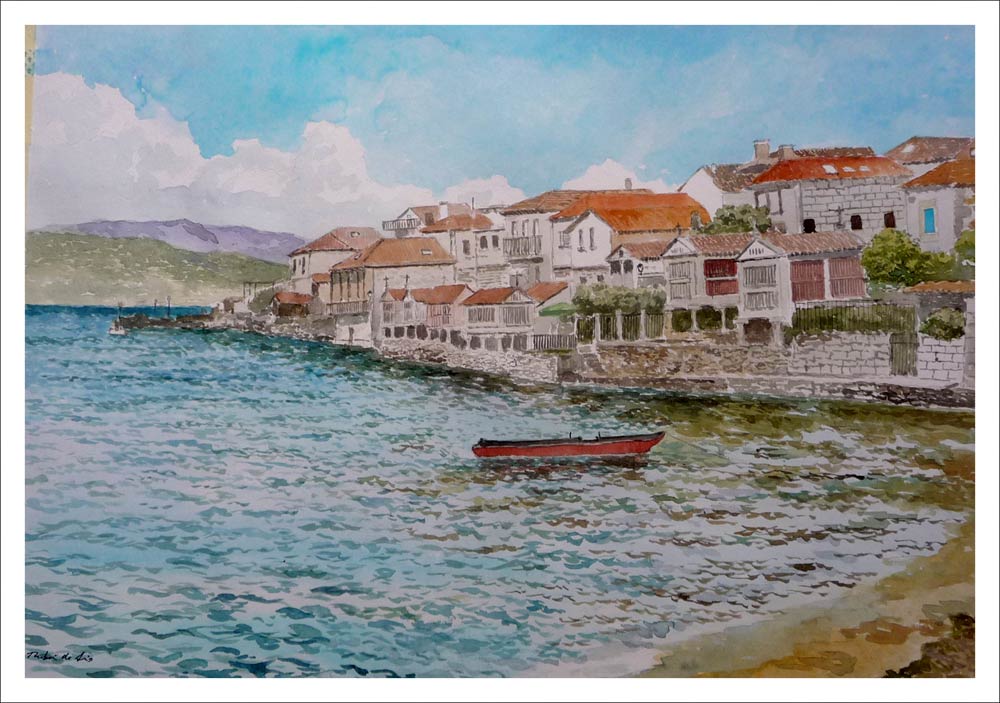 Acuarela de un paisaje de Combarro en Pontevedra