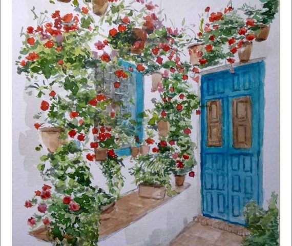 Acuarela de un patio cordobés en el palacio de Viana en Córdoba