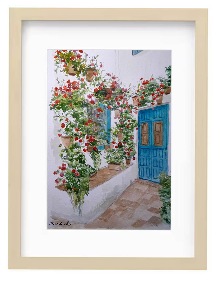 Cuadro en acuarela de un patio en Córdoba en el Palacio de Viana