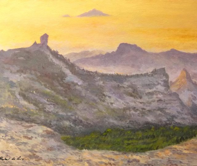 Cuadro al oleo de un paisaje del Roque Nublo al atardecer