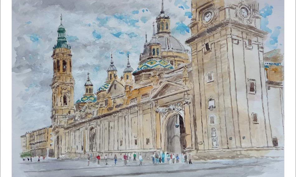Acuarela de la Plaza del Pilar de Zaragoza y la Catedral.