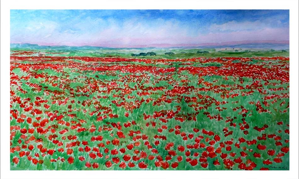 Cuadro de un paisaje de amapolas pintado en acuarela por Rubén de Luis.