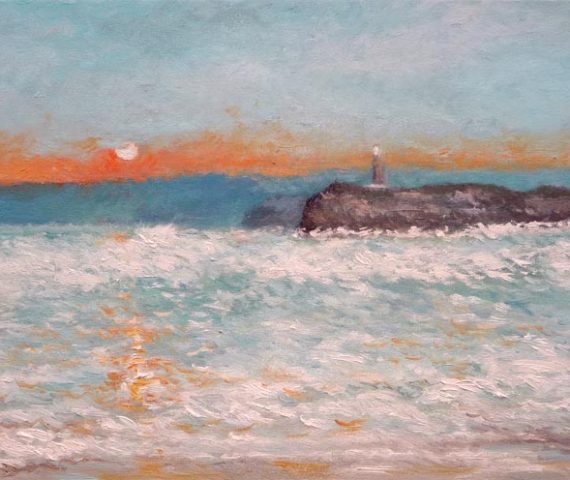 Un cuadro al oleo de la isla de Mouro al amanecer pintado por Rubén de Luis para la colección de cuadros de temas de Cantabria.