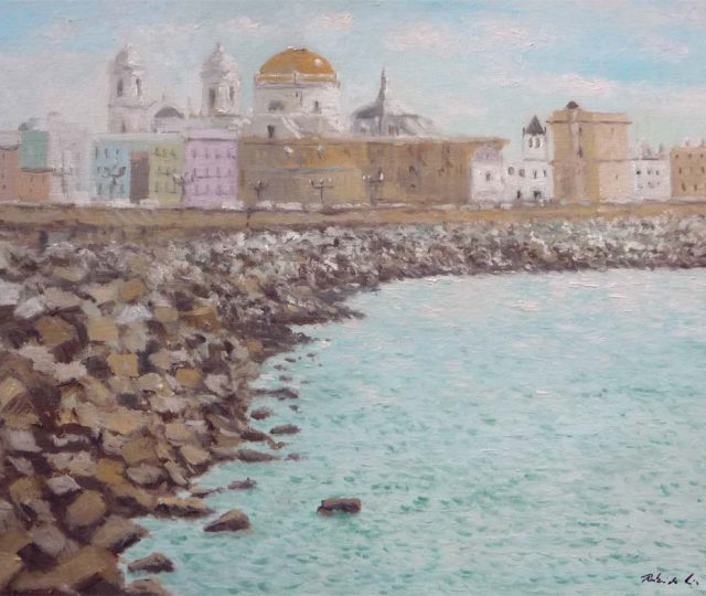 Cuadro al oleo de un paisaje de Cádiz. Una escena desde el Paseo Campo del Sur en el Baluarte de los Capuchinos. Una obra pintada por Rubén de Luis