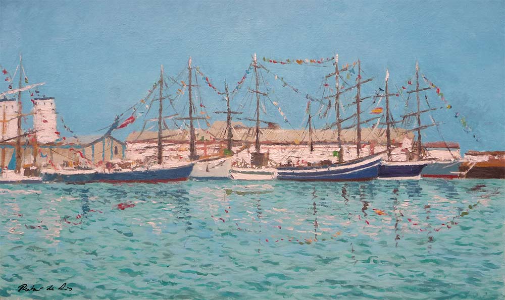 Cuadro al oleo de una regata de veleros clásicos en la bahía de Santander pintado por Rubén de Luis.