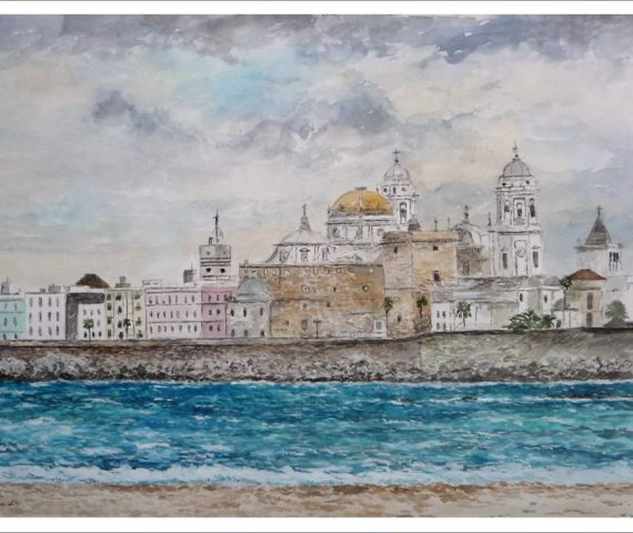 Acuarela de Cádiz desde la playa de Santa María del Mar pintada por Rubén de Luis