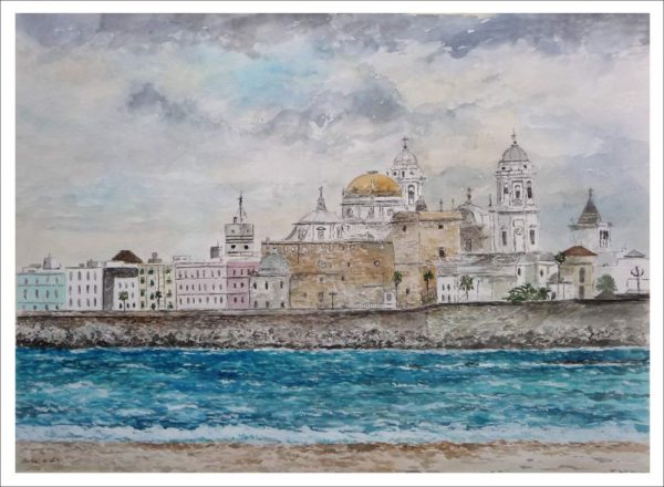 Acuarela de Cádiz desde la playa de Santa María del Mar pintada por Rubén de Luis