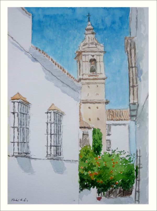 Acuarela original de una calle de Estepa en Sevilla