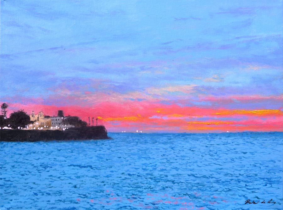 Un cuadro al oleo de un anochecer en Cádiz pintado por Rubén de Luis