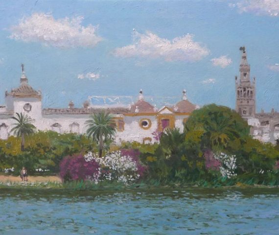 Cuadro al oleo de Sevilla desde el Barrio de Triana pintado por Rubén de Luis para los cuadros de paisajes de Andalucía.