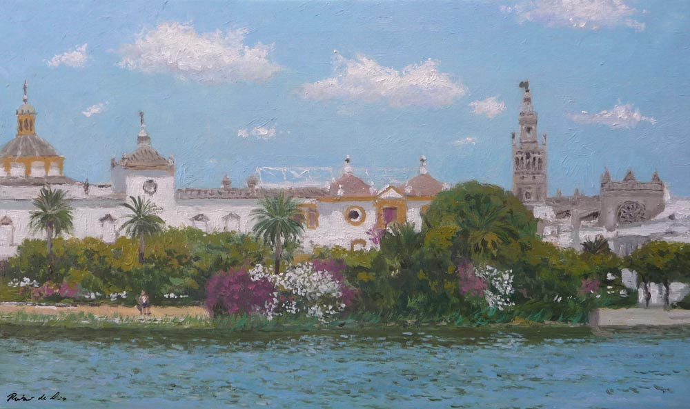 Cuadro al oleo de Sevilla desde el Barrio de Triana pintado por Rubén de Luis para los cuadros de paisajes de Andalucía.