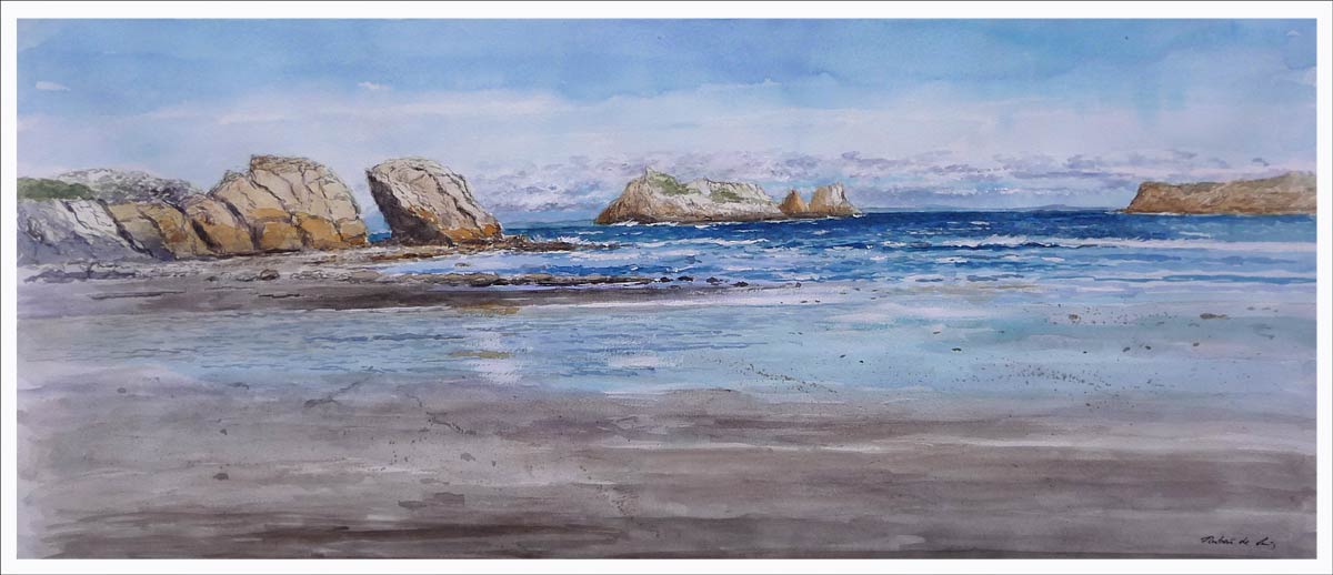 Acuarela de la playa de la Arnía del pintor Rubén de Luis