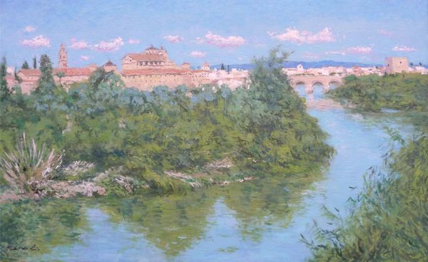 Cuadro al oleo de Córdoba desde el río Guadalquivir pintado por Rubén de Luis