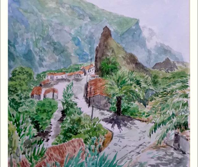 Acuarela de un paisaje de Masca perteneciente a Buenavista del Norte en Tenerife pintada por Rubén de Luis