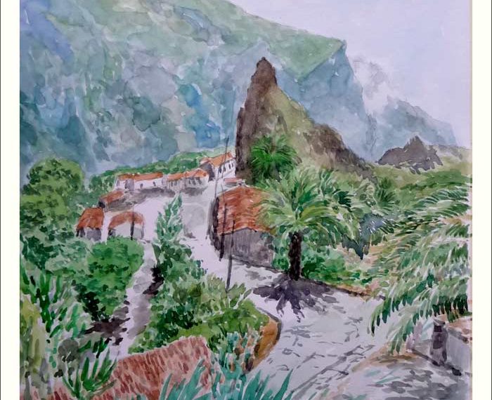 Acuarela de un paisaje de Masca perteneciente a Buenavista del Norte en Tenerife pintada por Rubén de Luis
