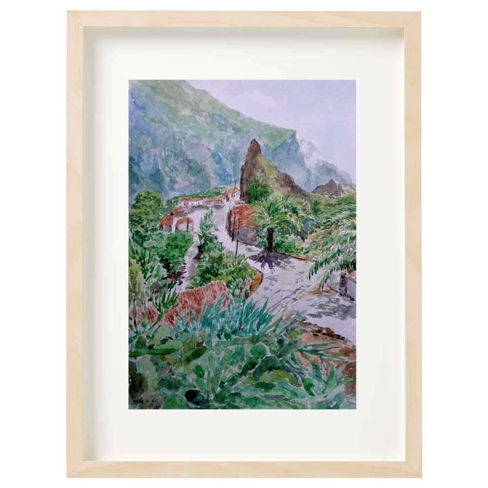 Cuadro en acuarela con una moldura en roble de un paisaje de Masca en los alrededores de Buenavista del Norte en Tenerife realizado por Rubén de Luis.