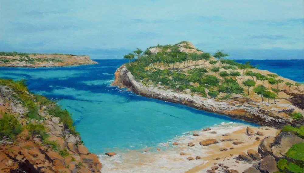 Cuadro a oleo de un paisaje de Caló des Moro en Mallorca pintado por Rubén de Luis para la serie de cuadros de Mallorca.
