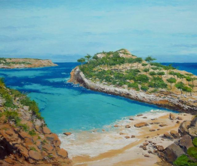 Cuadro a oleo de un paisaje de Caló des Moro en Mallorca pintado por Rubén de Luis para la serie de cuadros de Mallorca.