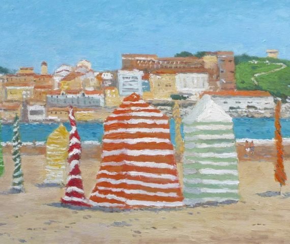 Un cuadro al oleo de la playa de San Lorenzo en Gijón pintada por Rubén de Luis