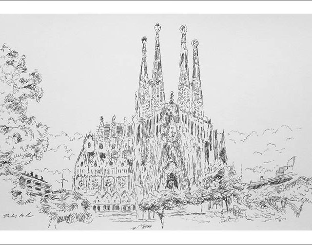 Dibujo realizado a tinta de la basílica de la Sagrada Familia en Barcelona por el pintor Rubén de Luis