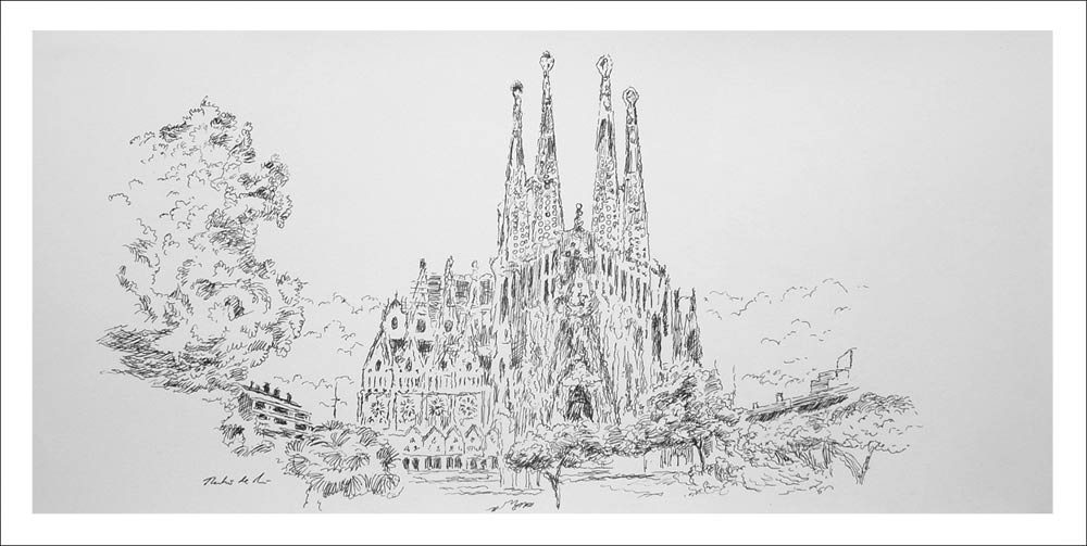 Dibujo realizado a tinta de la basílica de la Sagrada Familia en Barcelona por el pintor Rubén de Luis