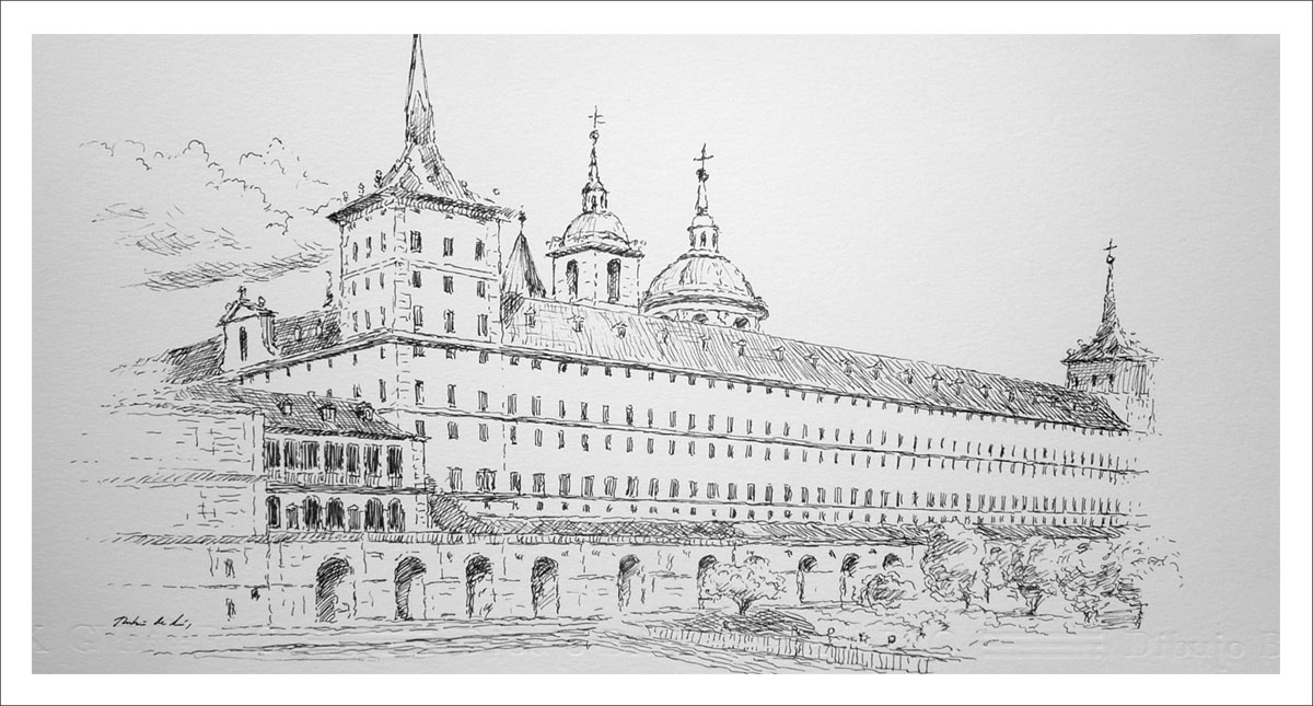 Dibujo a tinta del Monasterio de San Lorenzo del Escorial en Madrid Dibujo a tinta del Monasterio de San Lorenzo del Escorial, Madrid, realizado por el pintor Rubén de Luis.