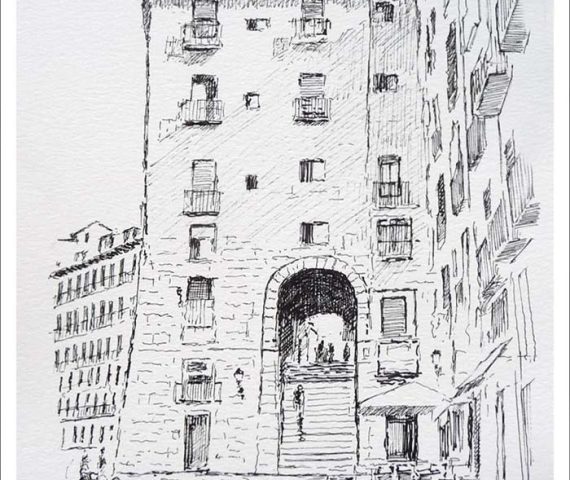 Dibujo a tinta del Arco de Cuchilleros en Madrid realizado por Rubén de Luis