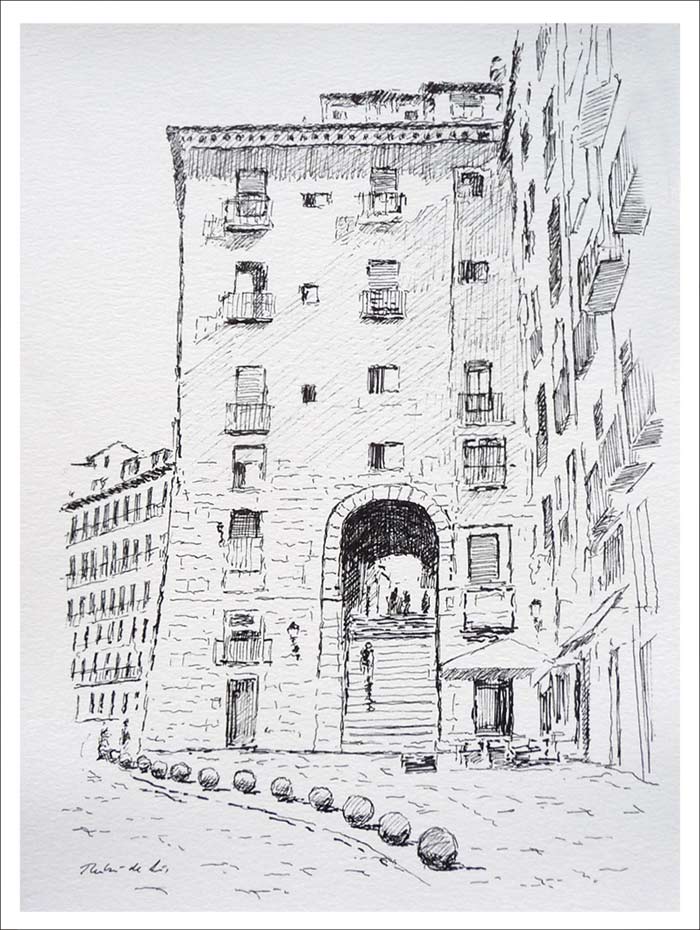 Dibujo a tinta del Arco de Cuchilleros en Madrid del pintor Rubén de Luis Dibujo a tinta del Arco de Cuchilleros en Madrid realizado por Rubén de Luis