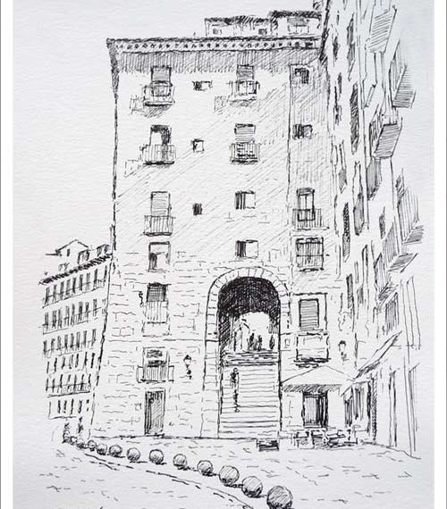Dibujo realizado a tinta del Arco de Cuchilleros, Madrid