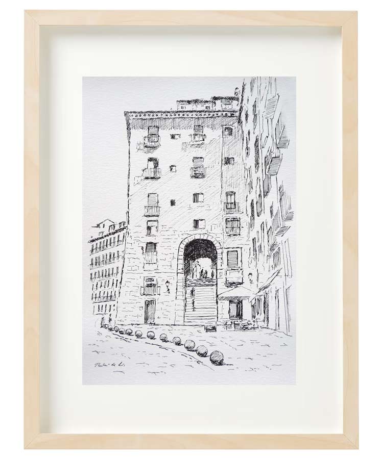 Dibujo con un marco del Arco de Cuchilleros en Madrid del pintor Rubén de Luis. Cuadro con un dibujo a tinta del Arco de Cuchilleros en Madrid