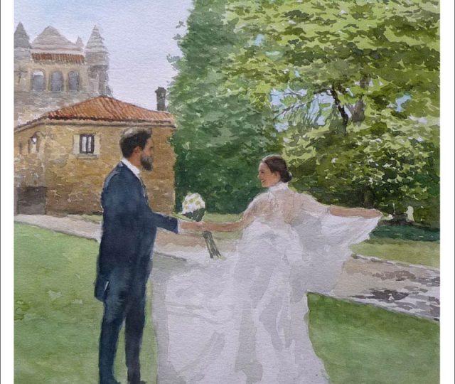 Acuarela de un retrato de unos novios en el jardín realizada por Rubén de Luis