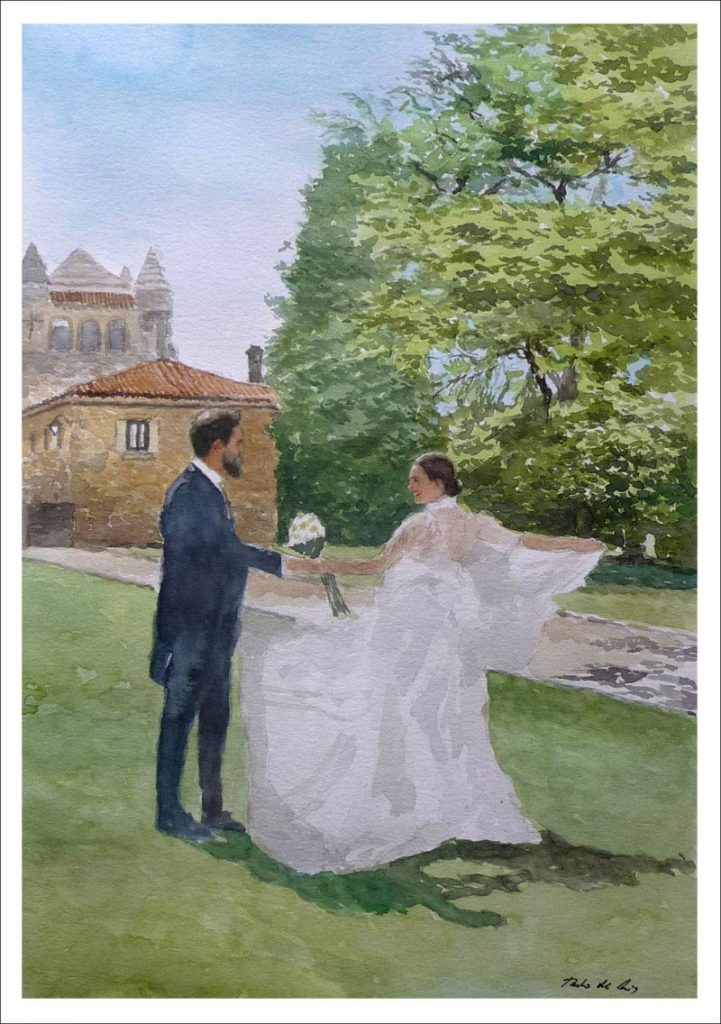 Acuarela de un retrato de unos novios en el jardín realizada por Rubén de Luis
