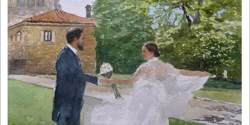 Acuarela de un retrato de unos novios en el jardín realizada por Rubén de Luis