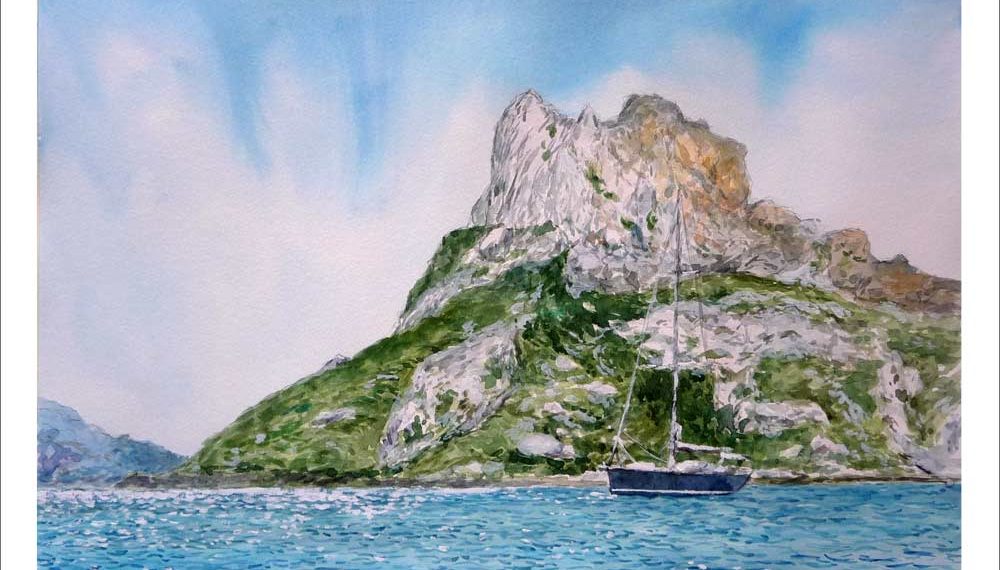 Acuarela del islote Es Vedra en los alrededores de Ibiza pintado por Rubén de Luis para la serie de cuadros de las Islas Baleares