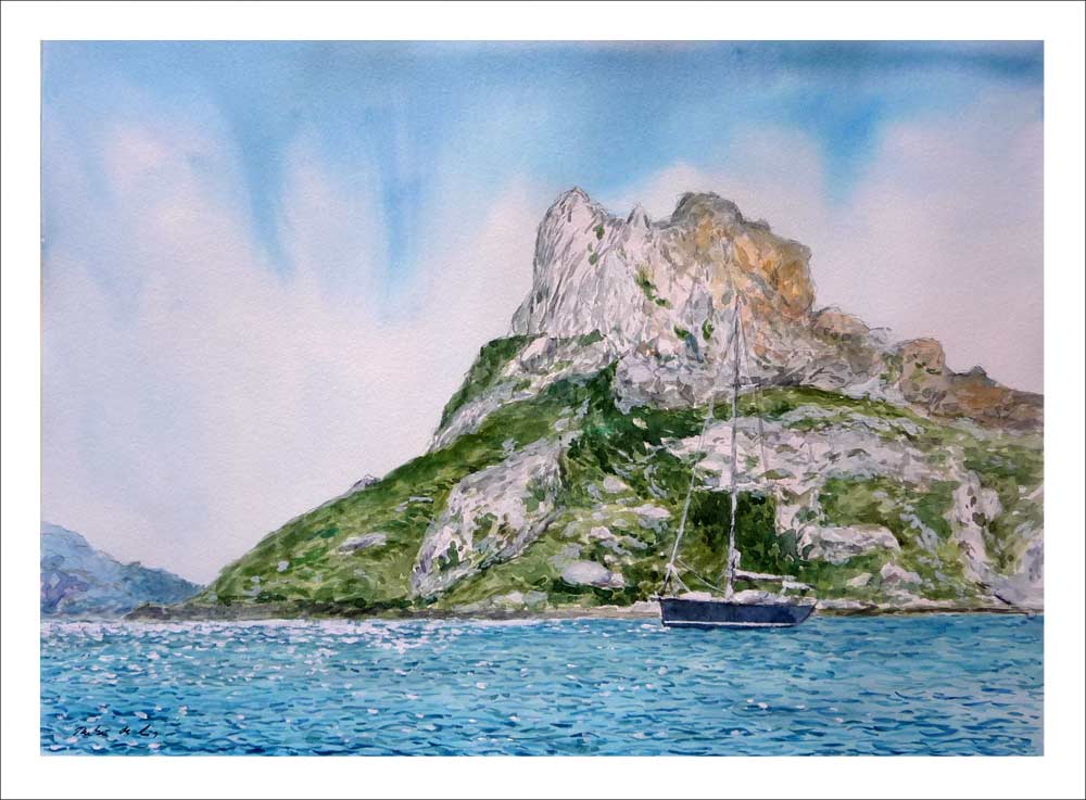 Acuarela del islote Es Vedra en los alrededores de Ibiza pintado por Rubén de Luis para la serie de cuadros de las Islas Baleares