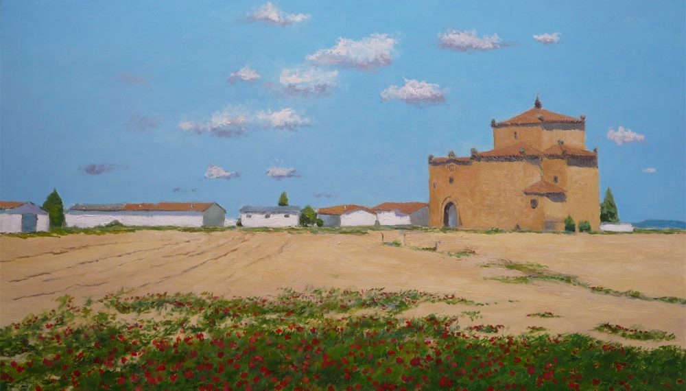 Cuadro al oleo de un paisaje de Ávila realizado por Rubén de Luis. Se trata del pueblo de Mamblas en la comarca de la Moraña.