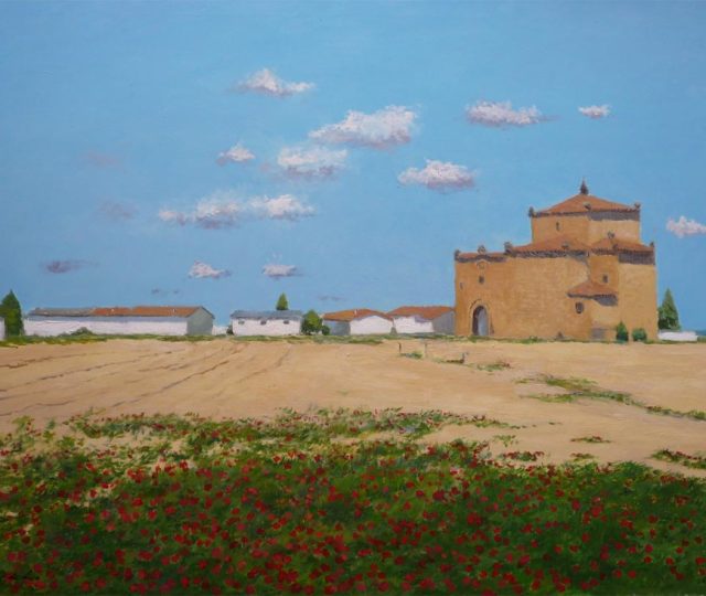 Cuadro al oleo de un paisaje de Ávila realizado por Rubén de Luis. Se trata del pueblo de Mamblas en la comarca de la Moraña.