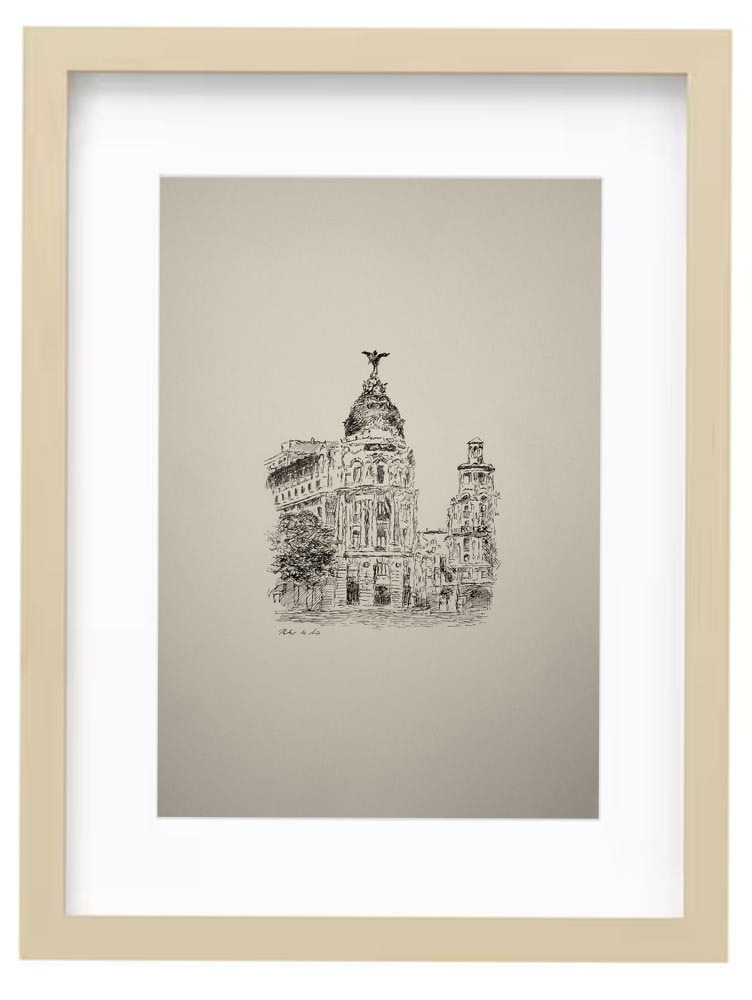 Cuadro de un dibujo a plumilla del edificio Metrópolis y la Gran Vía de Madrid del pintor Rubén de Luis