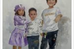 Retrato en acuarela de tres hermanos realizada por Rubén de Luis