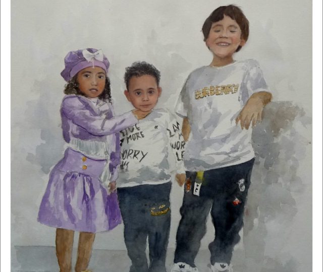 Retrato en acuarela de tres hermanos realizada por Rubén de Luis