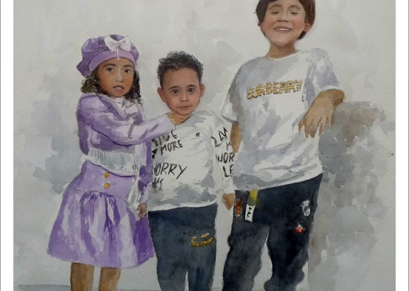 Retrato en acuarela de tres hermanos realizada por Rubén de Luis