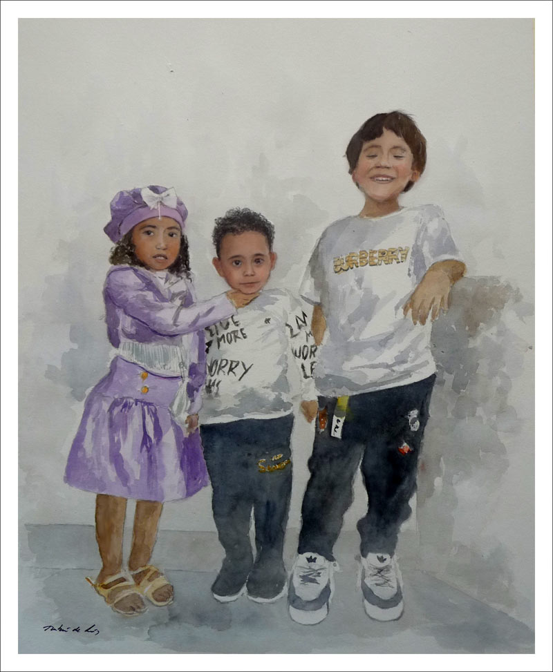 Retrato en acuarela de tres hermanos realizada por Rubén de Luis