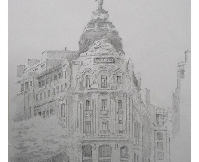 Dibujo a lápiz del edificio Metrópolis en la Gran Vía de Madrid realizado por el pintor Rubén de Luis