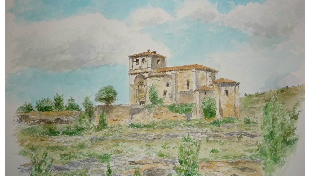 Acuarela de la iglesia de Santa María en Sedano, Burgos, pintada por Rubén de Luis