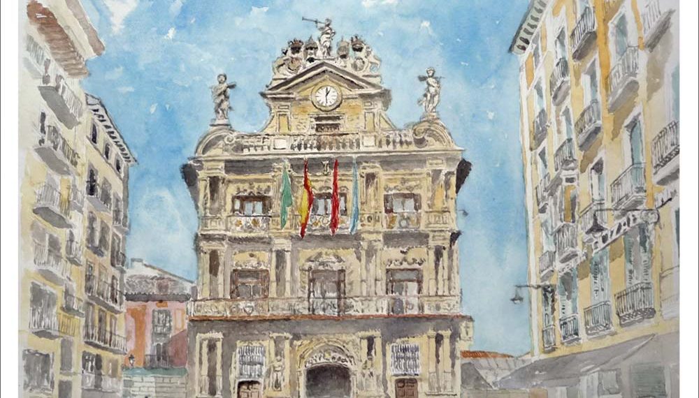 Acuarela del ayuntamiento de Pamplona realizada por Rubén de Luis