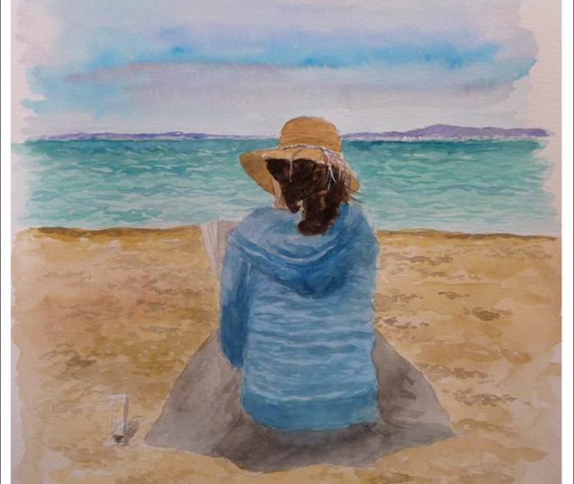 Acuarela de un retrato de una mujer leyendo en una playa pintado en acuarela por Rubén de Luis